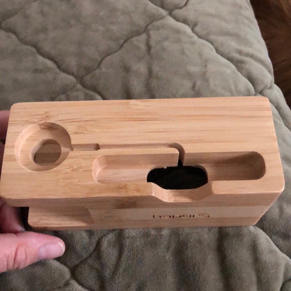 Bamboo Apple Watch and iPhone cord holder
